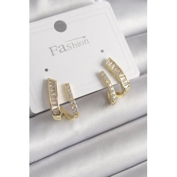 Pirinç Gold Renk Zirkon Taşlı Kadın Küpe - TJ-BKP9969