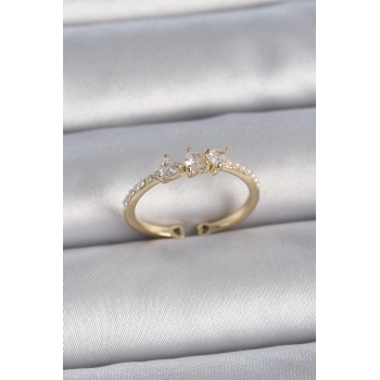 Pirinç Gold Renk Zirkon Taşlı Kalp İnci Detaylı Ayarlanabilir Model Kadın Yüzük - TJ-BYK3362