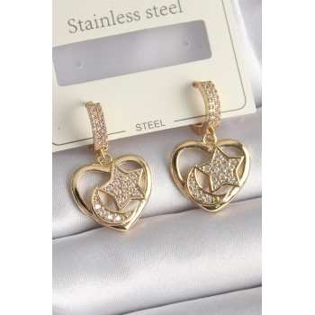 Pirinç Gold Renk Zirkon Taşlı Kalp Model Ay Yıldız İşleme Kadın Küpe - TJ-BKP9737