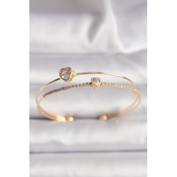 Pirinç Gold Renk Zirkon Taşlı Kalp Model Kadın Bileklik - TJ-BB6529