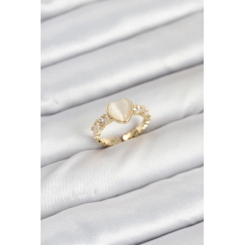 Pirinç Gold Renk Zirkon Taşlı Kalpli Kadın Yüzük - TJ-BYK3856
