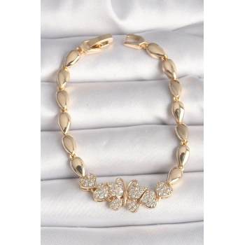 Pirinç Gold Renk Zirkon Taşlı Kelebek Figür Damla Zincir Model Kadın Bileklik - TJ-BB6840