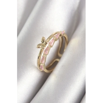 Pirinç Gold Renk Zirkon Taşlı Kelebek Figür Kadın Yüzük - TJ-BYK3074