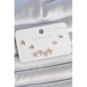 Pirinç Gold Renk Zirkon Taşlı Kelebek Model İnci Detay 925 Ayar Gümüş Çivi Kadın Küpe Seti - TJ-BKP10478