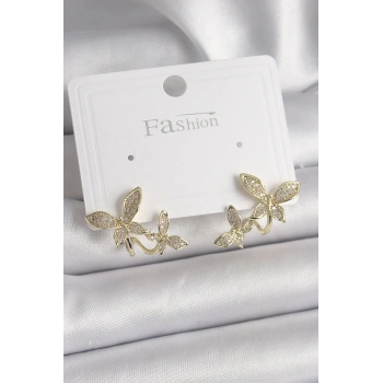 Pirinç Gold Renk Zirkon Taşlı Kelebek Model Kadın Küpe - TJ-BKP9838