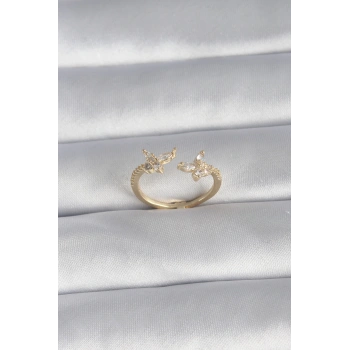 Pirinç Gold Renk Zirkon Taşlı Kelebek Model Kadın Yüzük - TJ-BYK3008