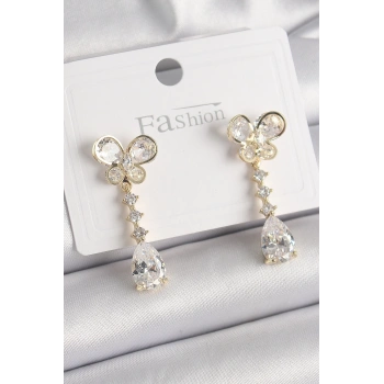 Pirinç Gold Renk Zirkon Taşlı Kelebek Model Sallantı Damla Zirkon Taş Kadın Küpe - TJ-BKP9860