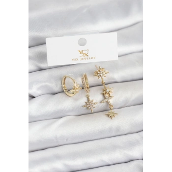 Pirinç Gold Renk Zirkon Taşlı Kutup Yıldızı Model YSX Trio Küpe Seti - TJ-BKP11564