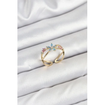 Pirinç Gold Renk Zirkon Taşlı Mavi Çiçekli Kadın Yüzük - TJ-BYK3834