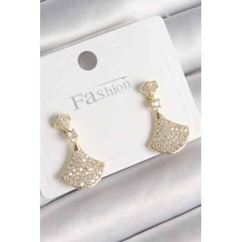 Pirinç Gold Renk Zirkon Taşlı Motif Model Kadın Küpe - TJ-BKP9778