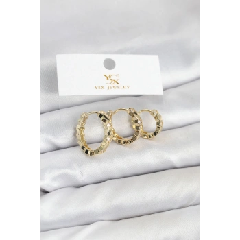 Pirinç Gold Renk Zirkon Taşlı Petek Halka Model YSX Trio Küpe Seti - TJ-BKP11566