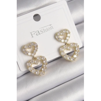 Pirinç Gold Renk Zirkon Taşlı Sallantı Kalp Model Kadın Küpe - TJ-BKP9766