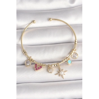 Pirinç Gold Renk Zirkon Taşlı Sallantı Kutup Yıldız Figür İnci Detay Charm Kadın Bileklik - TJ-BB6887