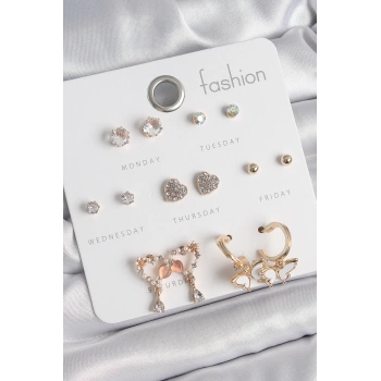 Pirinç Gold Renk Zirkon Taşlı Sallantılı Kalp Figür Kelebek Detay 7 Çift Kadın Küpe Seti - TJ-BKP10539