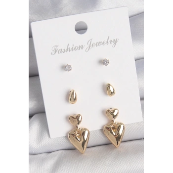 Pirinç Gold Renk Zirkon Taşlı Sallantılı Kalp Model 3 Çift Kadın Küpe Seti - TJ-BKP10610