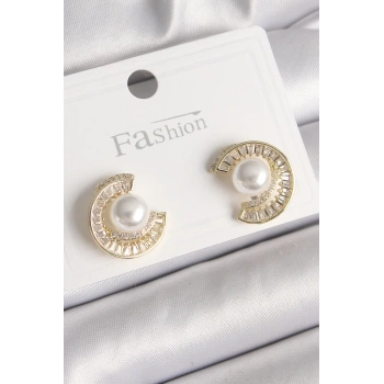 Pirinç Gold Renk Zirkon Taşlı Salyangoz Model İnci Detay Kadın Küpe - TJ-BKP9786