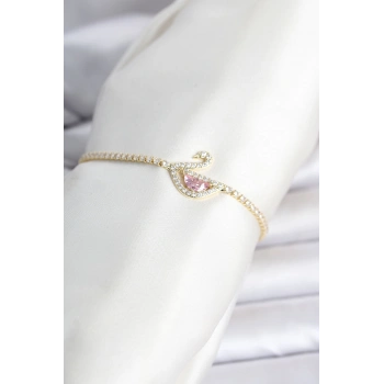 Pirinç Gold Renk Zirkon Taşlı Swan Model Su Yolu Kadın Bileklik