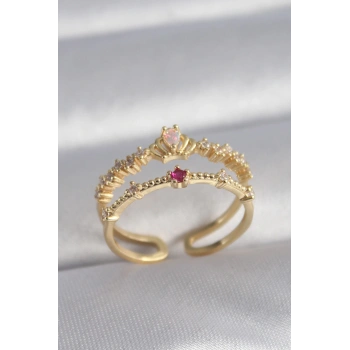 Pirinç Gold Renk Zirkon Taşlı Taç Model Kadın Yüzük - TJ-BYK3040