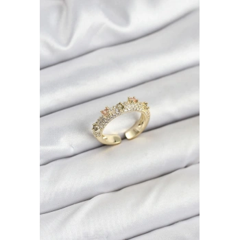 Pirinç Gold Renk Zirkon Taşlı Vintage Kadın Yüzük - TJ-BYK3832