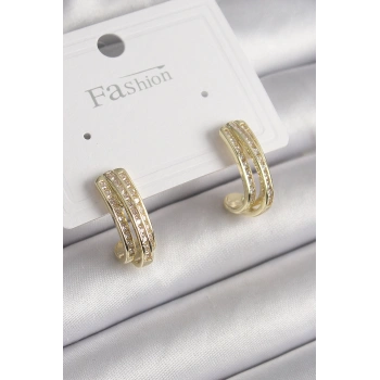 Pirinç Gold Renk Zirkon Taşlı Yarım Halka Model Kadın Küpe - TJ-BKP9977