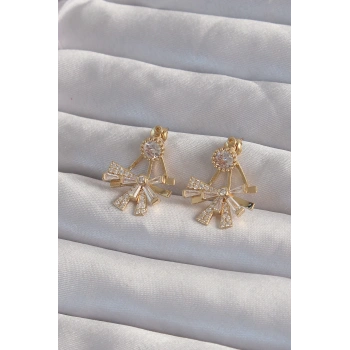 Pirinç Gold Renk Zirkon Taşlı Yassı Fiyonk Model Küpe - TJ-BKP9301