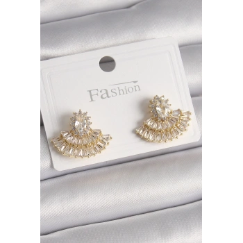 Pirinç Gold Renk Zirkon Taşlı Yelpaze Model Kadın Küpe - TJ-BKP9915