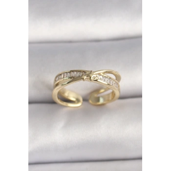 Pirinç Gold Renk Zirkon Taşlı Yıldız Detaylı Ayarlanabilir Kadın Yüzük - TJ-BYK3573