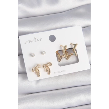 Pirinç Gold Renk Zirkon Taşlı Yıldız Model Fiyonk Detay 3 Çift Kadın Küpe Seti - TJ-BKP10624