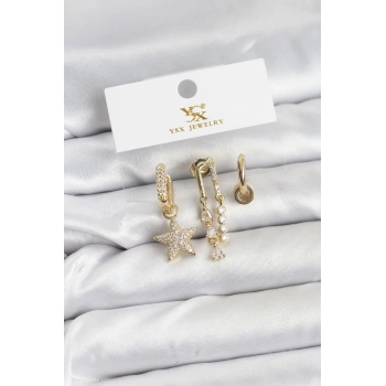 Pirinç Gold Renk Zirkon Taşlı Yıldız Vintage Model YSX Trio Küpe Seti - TJ-BKP11562