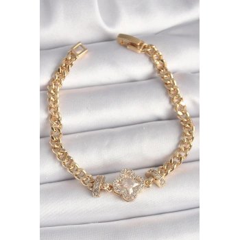 Pirinç Gold Renk Zirkon Taşlı Yonca Figür Zincir Model Kadın Bileklik - TJ-BB6818