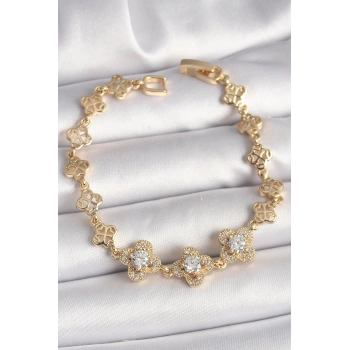 Pirinç Gold Renk Zirkon Taşlı Yonca Model Kadın Bileklik - TJ-BB6812