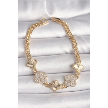 Pirinç Gold Renk Zirkon Taşlı Yonca Model Kadın Bileklik - TJ-BB6836