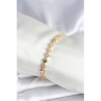 Pirinç Gold Renk Zirkon Taşlı Yonca Model Kadın Bileklik - TJ-BB7969