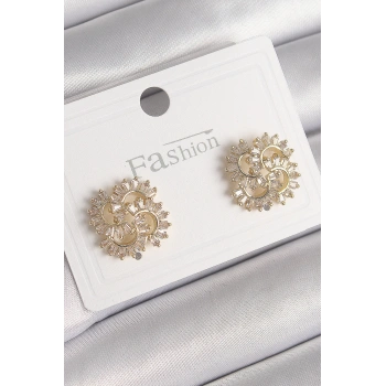 Pirinç Gold Renk Zirkon Taşlı Yonca Model Kadın Küpe - TJ-BKP9792