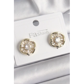 Pirinç Gold Renk Zirkon Taşlı Yonca Model Kadın Küpe - TJ-BKP9850