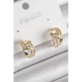 Pirinç Gold Renk Zirkon Taşlı Zincir Model Kadın Küpe - TJ-BKP9794