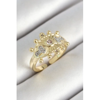 Pirinç Göz Figürlü Zirkon Taşlı Gold Renk Ayarlanabilir Kadın Yüzük - TJ-BYK3786