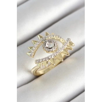Pirinç Göz Figürlü Zirkon Taşlı Gold Renk Ayarlanabilir Kadın Yüzük - TJ-BYK3787