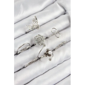 Pirinç Gül Kelebek Model Gümüş Renk Kadın Yüzük Kombin Set - TJ-BYK3810