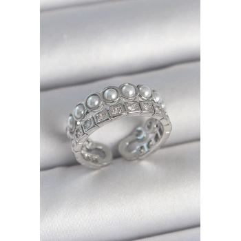 Pirinç Gümüş Renk 2Li Sıra Zirkon Taşlı Ve İncili Ayarlanabilir Kadın Yüzük - TJ-BYK3720