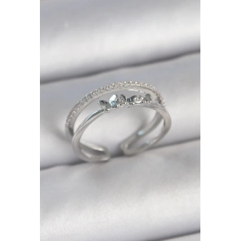 Pirinç Gümüş Renk 2Li Zirkon Taş Detaylı Kelebek Figür Ayarlanabilir Model Kadın Yüzük - TJ-BYK3732