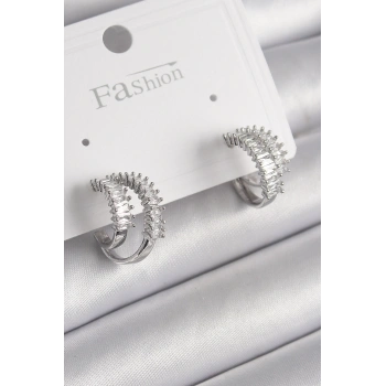 Pirinç Gümüş Renk 2Li Zirkon Taşlı Halka Model Kadın Küpe - TJ-BKP9976