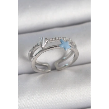 Pirinç Gümüş Renk 2Li Zirkon Taşlı Mavi Yıldız Figür Ayarlanabilir Kadın Yüzük - TJ-BYK3738