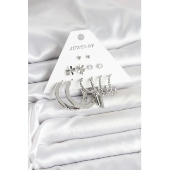 Pirinç Gümüş Renk 6 Çift Kadın Küpe Seti - TJ-BKP11332