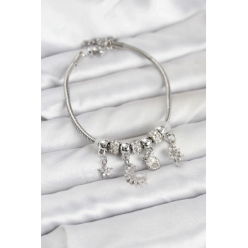 Pirinç Gümüş Renk Ay Charm Model Charmlı Kadın Bileklik - TJ-BB8174