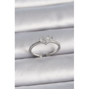 Pirinç Gümüş Renk Ayaralanabilir Zirkon Taşlı Kalp Model Kadın Yüzük - TJ-BYK3407