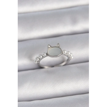 Pirinç Gümüş Renk Ayarlanabilir Beyaz Mineli Kedi Model İnci Detay Kadın Yüzük - TJ-BYK3387