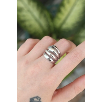 Pirinç Gümüş Renk Ayarlanabilir Tırtıklı Bombe Yüzük - TJ-BYK3169