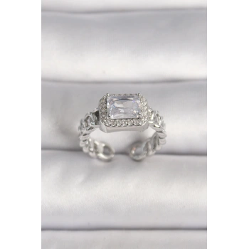 Pirinç Gümüş Renk Ayarlanabilir Zincir Kare Zirkon Taşlı Kadın Yüzük - TJ-BYK3583