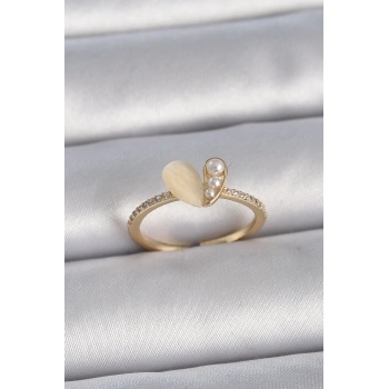 Pirinç Gümüş Renk Ayarlanabilir Zirkon Taşlı Beyaz Mineli Kalp Model Kadın Yüzük - TJ-BYK3376